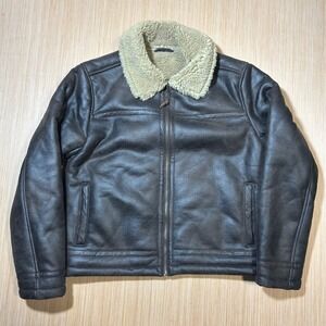 Gap Mens Faux Leather Sherpa Lined Bomber Jacket Brown Aviator Flight Coat M